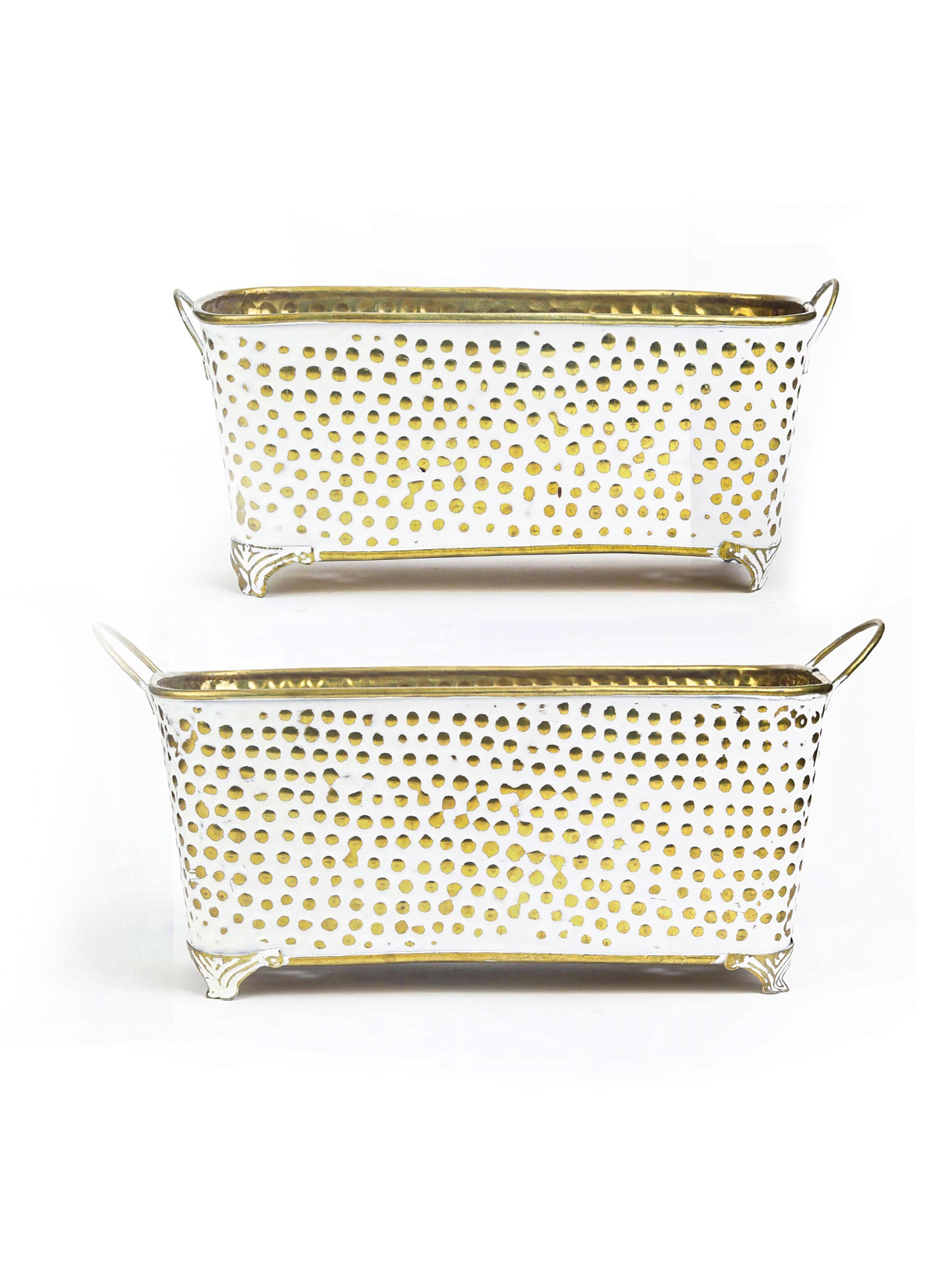 White Rustic Metal Rectangular Bucket Patio Planter with Handles (Set of Two)