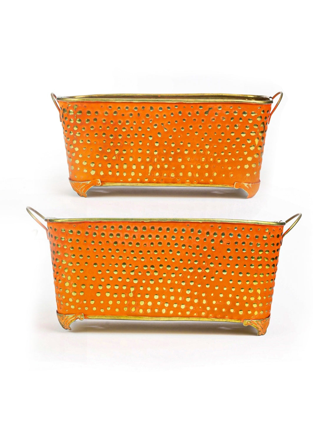 Orange Rustic Metal Rectangular Bucket Patio Planter Vintage with Handles (Set