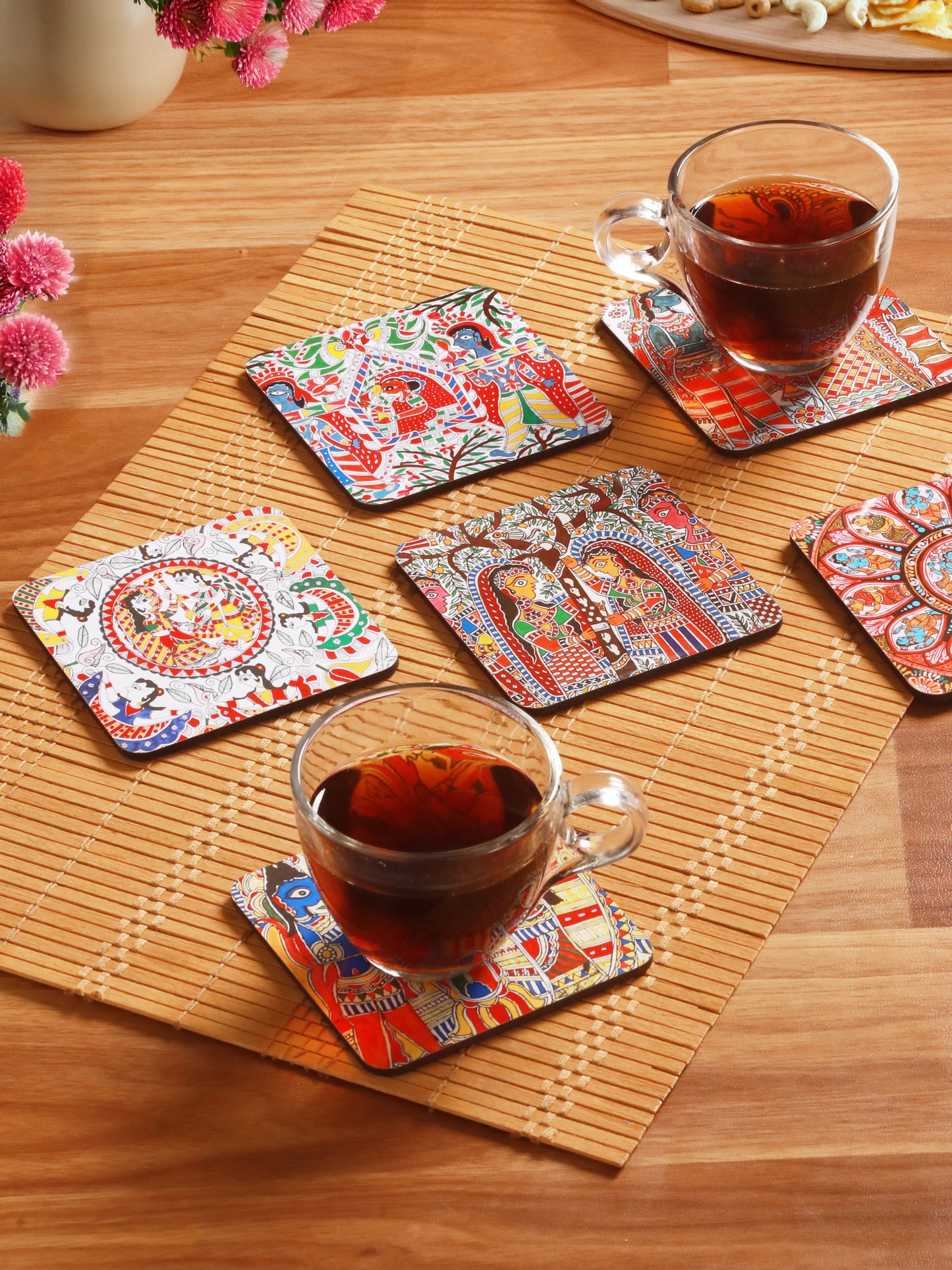 Madhubani Art-Set Of 6 Wooden Coaster