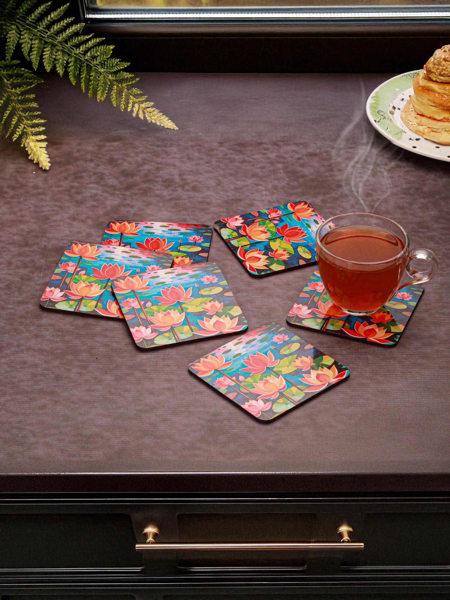 Lotus Flowers-Set Of 6 Wooden Coaster