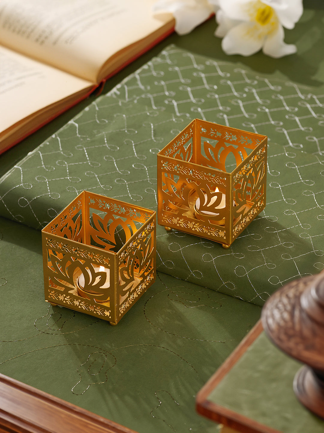Lotus Etching Iron Votive Tealight Holder -Set of 2