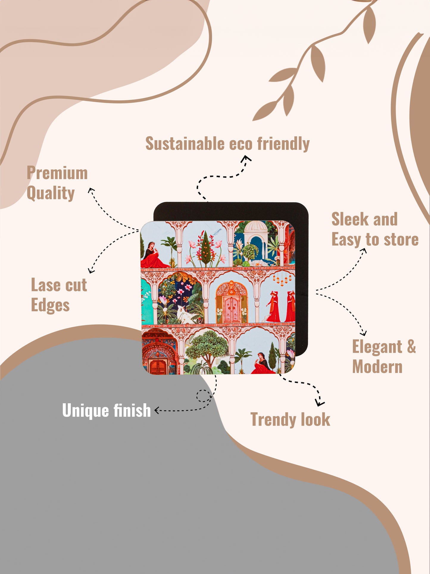 Mughal garden-Set Of 4 Wooden Coaster
