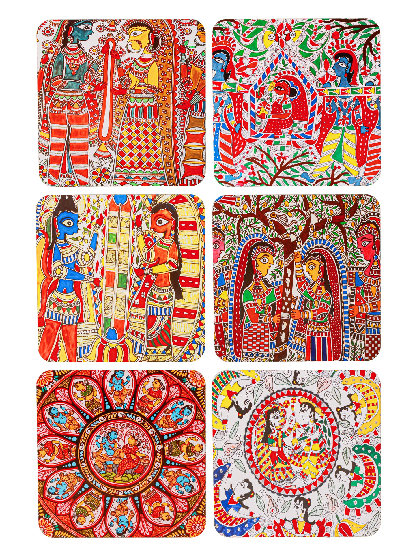 Madhubani Art-Set Of 6 Wooden Coaster