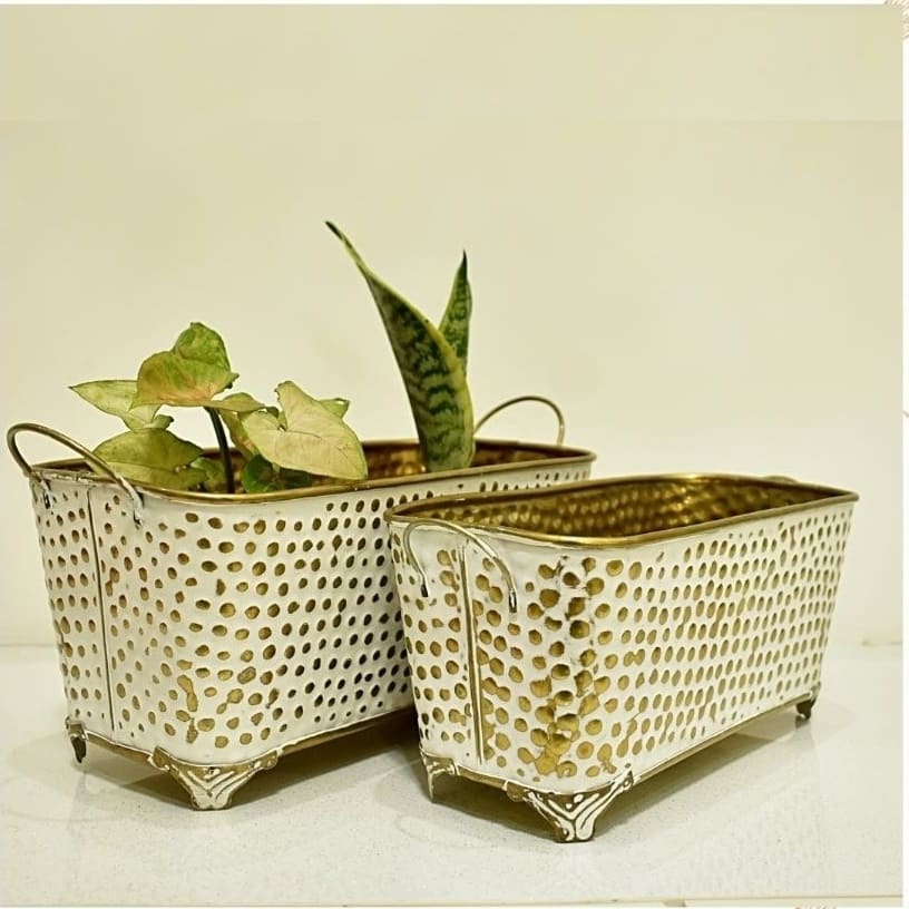 White Rustic Metal Rectangular Bucket Patio Planter with Handles (Set of Two)