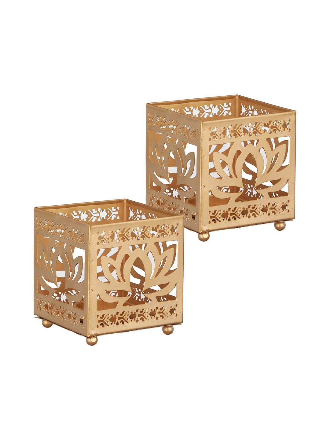Lotus Etching Iron Votive Tealight Holder -Set of 2