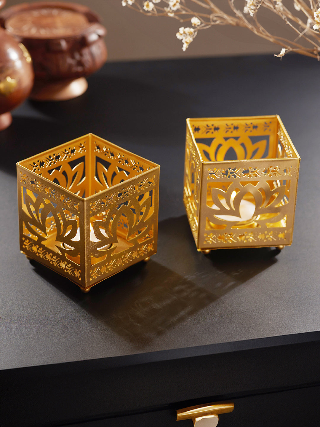 Lotus Etching Iron Votive Tealight Holder -Set of 2