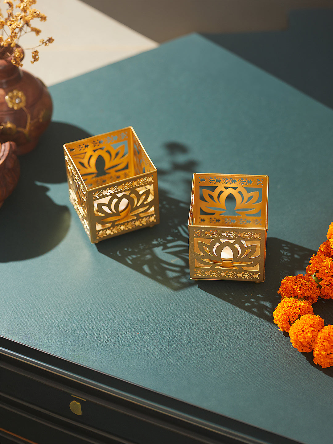 Lotus Etching Iron Votive Tealight Holder -Set of 2