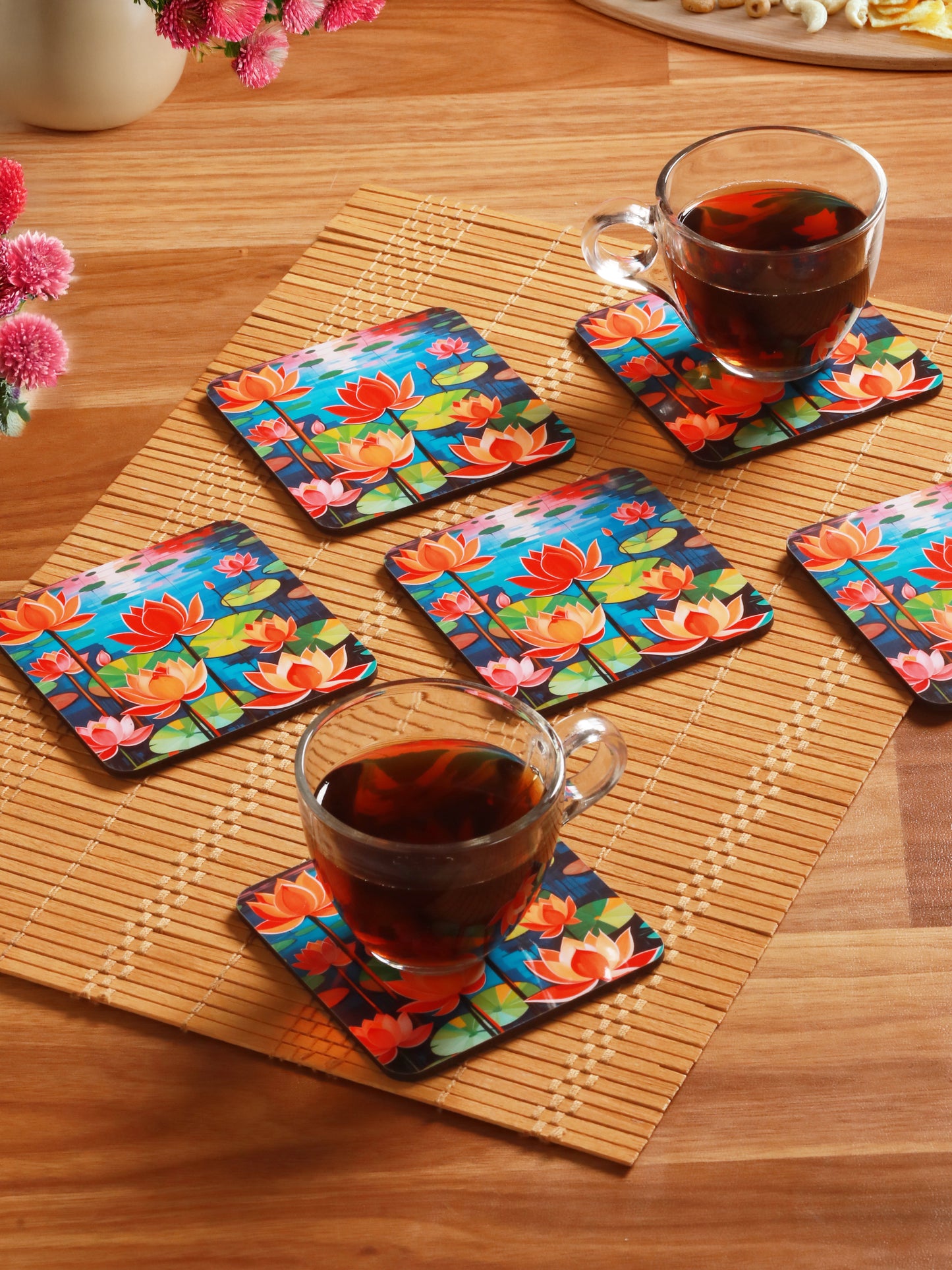 Lotus Flowers-Set Of 6 Wooden Coaster