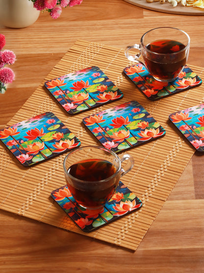 Lotus Flowers-Set Of 6 Wooden Coaster