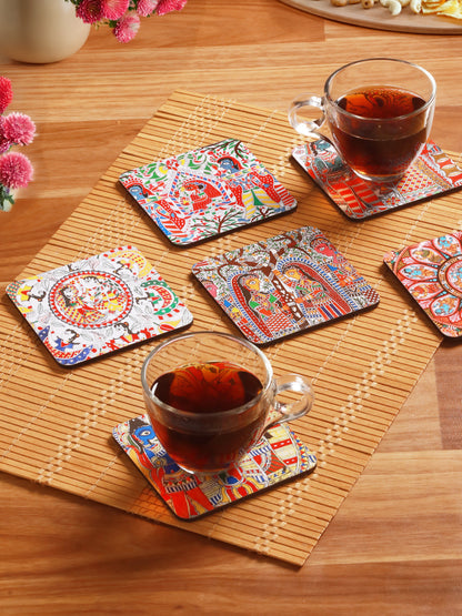 Madhubani Art-Set Of 6 Wooden Coaster