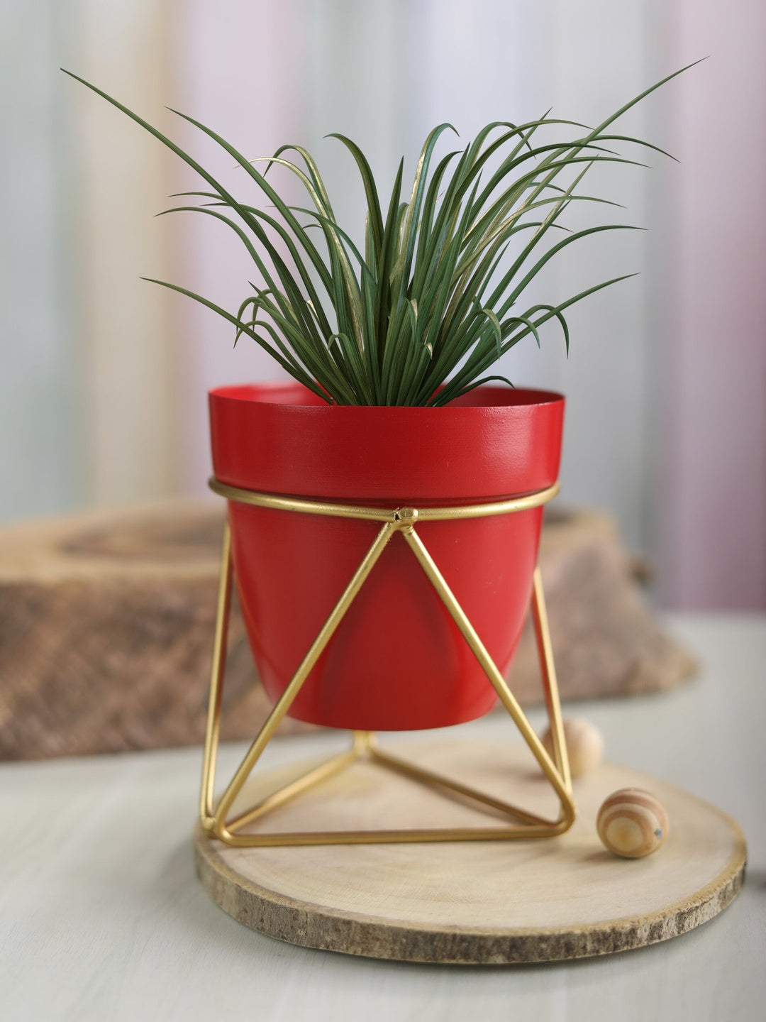 Red  Cylindrical Pot  with Iron Crossed Stands