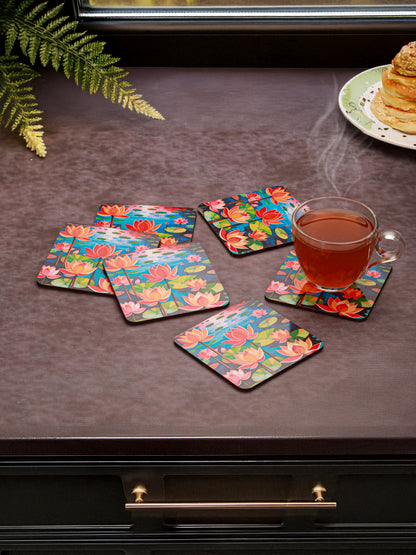 Lotus Flowers-Set Of 6 Wooden Coaster