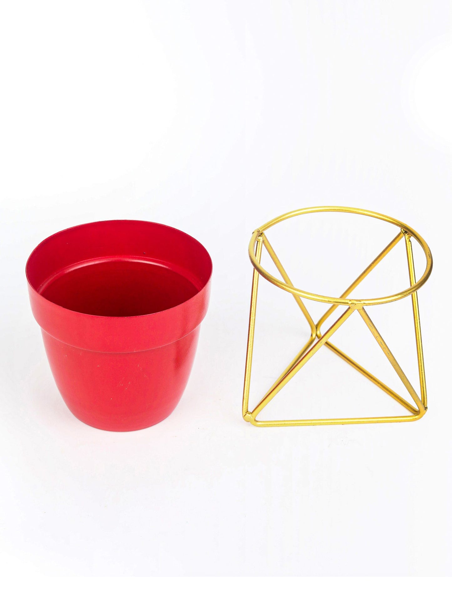 Red  Cylindrical Pot  with Iron Crossed Stands