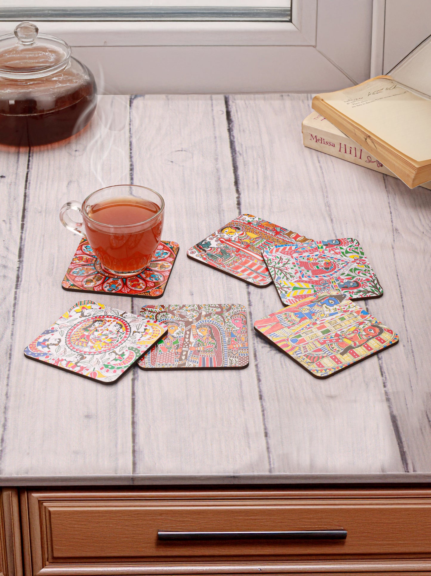 Madhubani Art-Set Of 6 Wooden Coaster