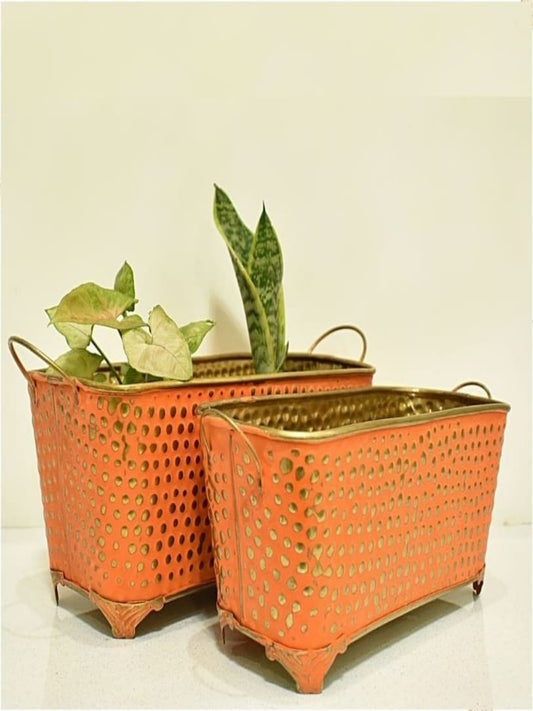 Orange Rustic Metal Rectangular Bucket Patio Planter Vintage with Handles (Set