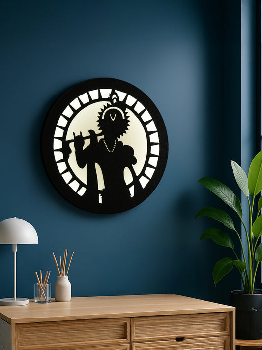 Divine Kanha with Flute MDF Round Wall Lamp