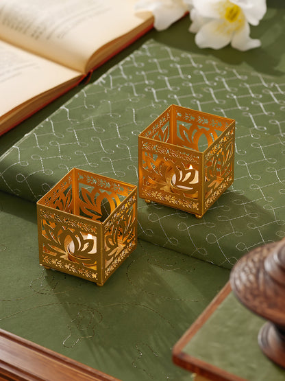 Lotus Etching Iron Votive Tealight Holder -Set of 2