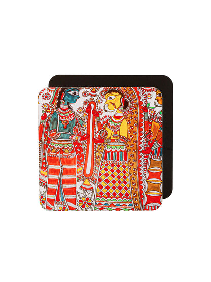 Madhubani Art-Set Of 6 Wooden Coaster
