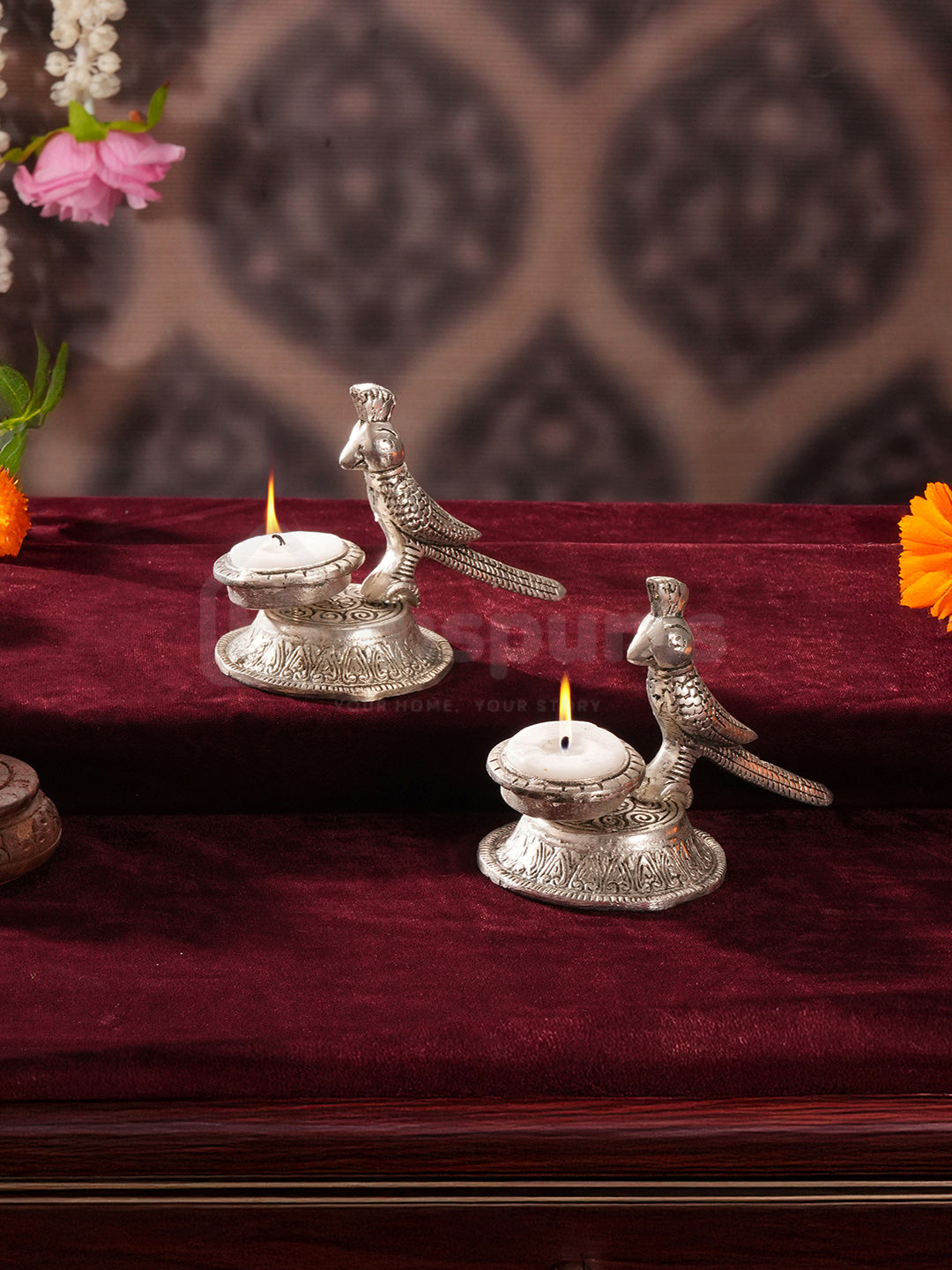 Antique Finish Parrot Tealight Duo
