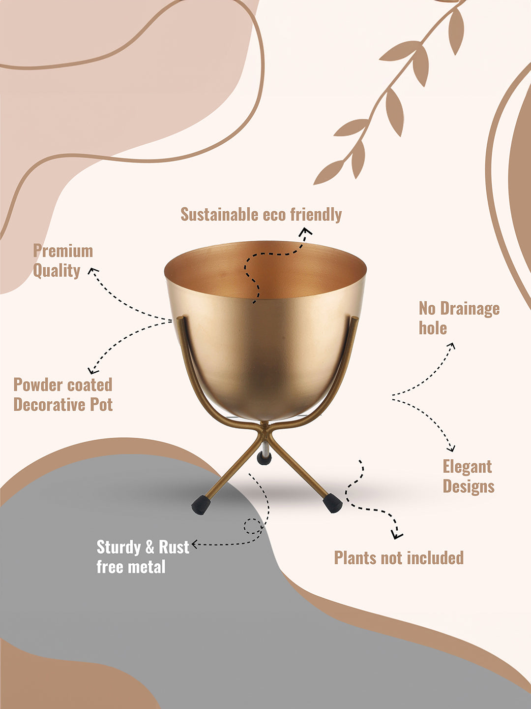 Matte Finish Golden Table Top Metal Planters With Stand 