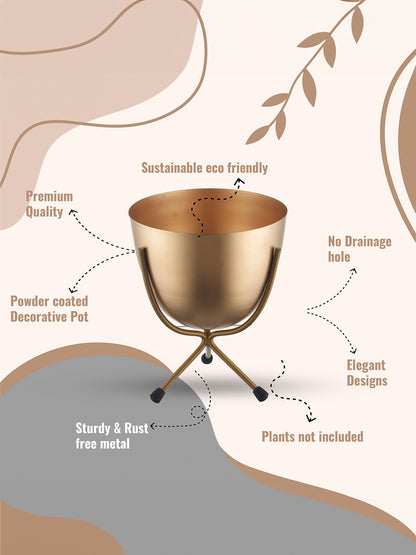 Matte Finish Golden Table Top Metal Planters With Stand 
