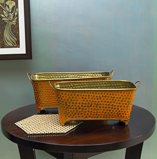 Orange Rustic Metal Rectangular Bucket Patio Planter Vintage with Handles (Set