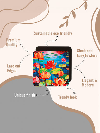 Lotus Flowers-Set Of 6 Wooden Coaster