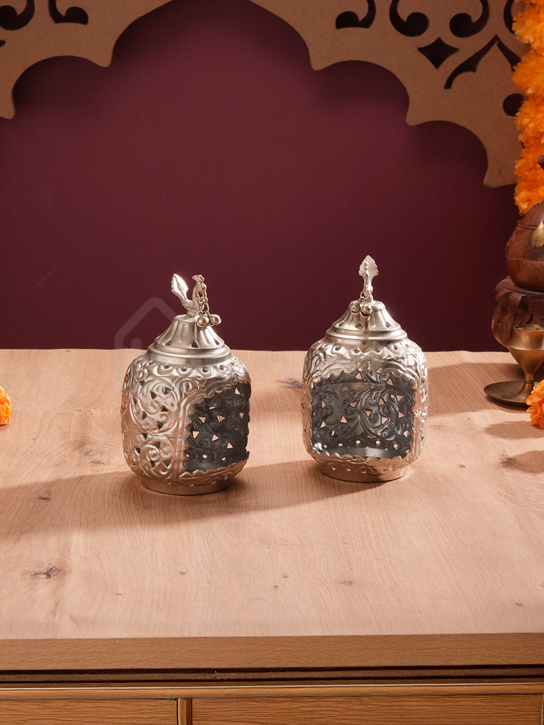 DivineNest Antique Silver Diya (set of 2)