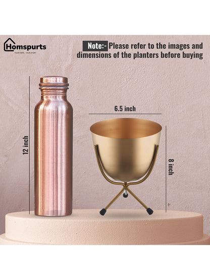 Matte Finish Golden Table Top Metal Planters With Stand 