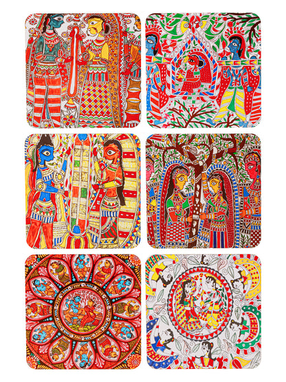 Madhubani Art-Set Of 6 Wooden Coaster