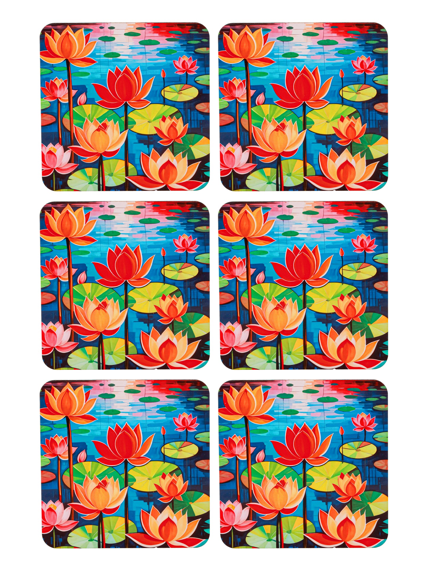 Lotus Flowers-Set Of 6 Wooden Coaster