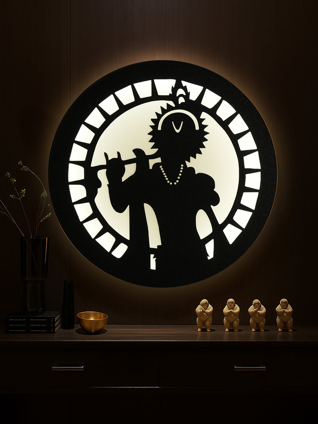 Divine Kanha with Flute MDF Round Wall Lamp