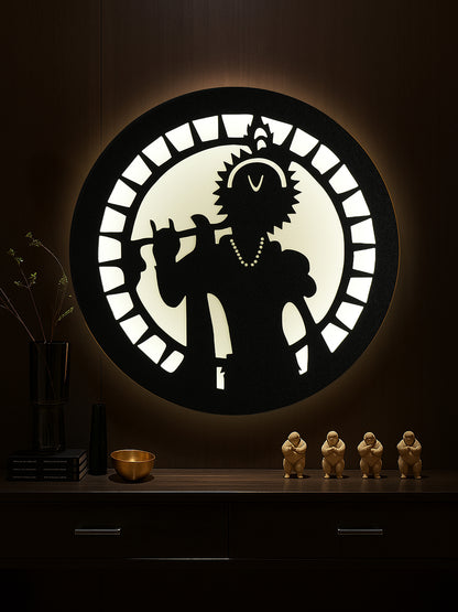 Divine Kanha with Flute MDF Round Wall Lamp