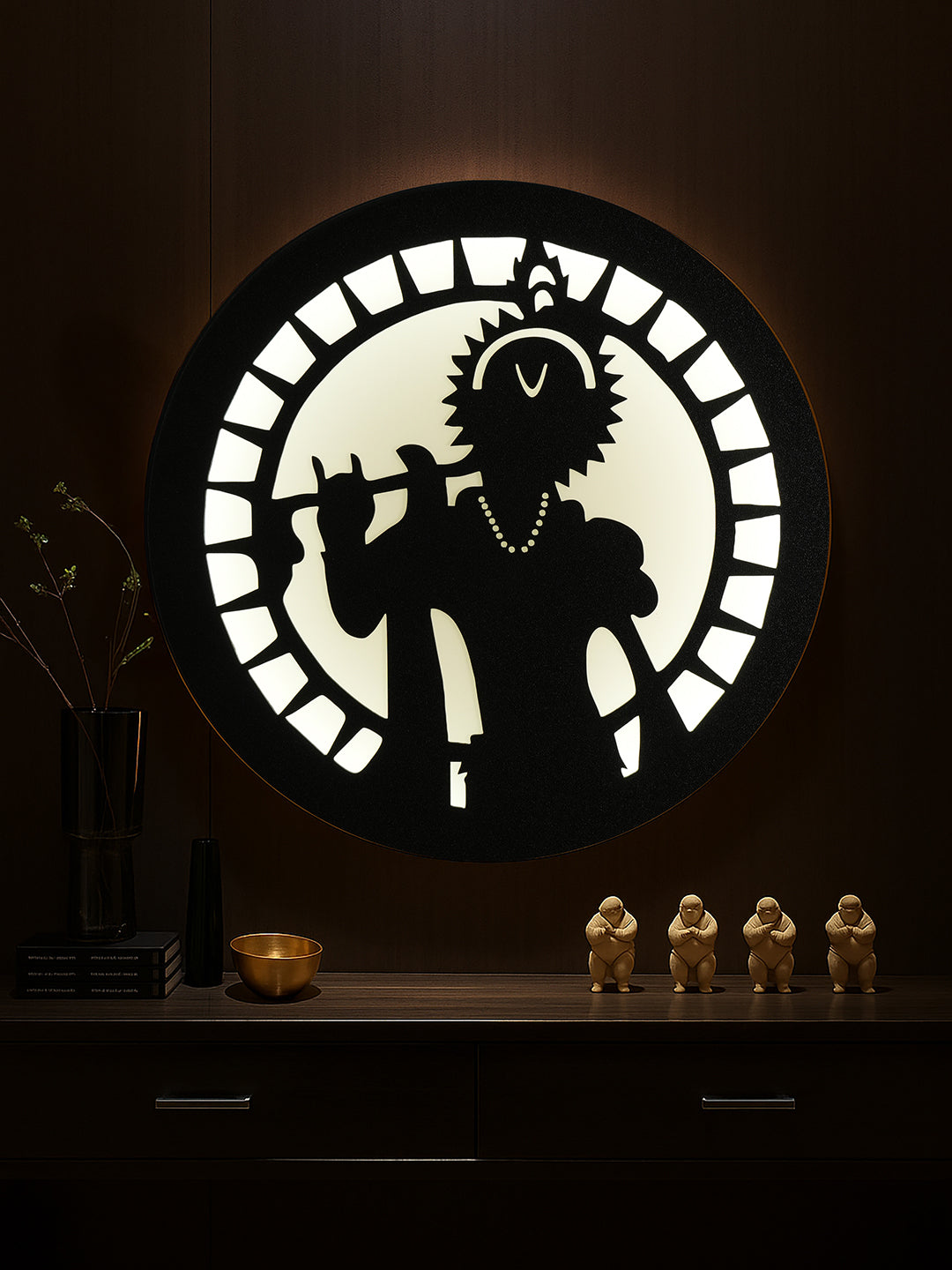 Divine Kanha with Flute MDF Round Wall Lamp