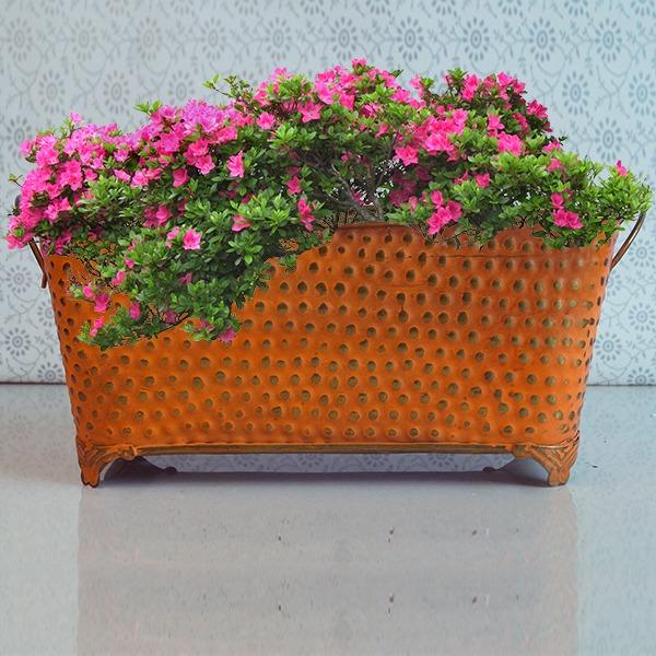 Orange Rustic Metal Rectangular Bucket Patio Planter Vintage with Handles (Set