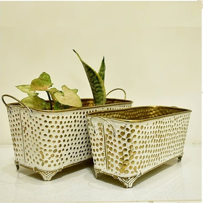 White Rustic Metal Rectangular Bucket Patio Planter with Handles (Set of Two)
