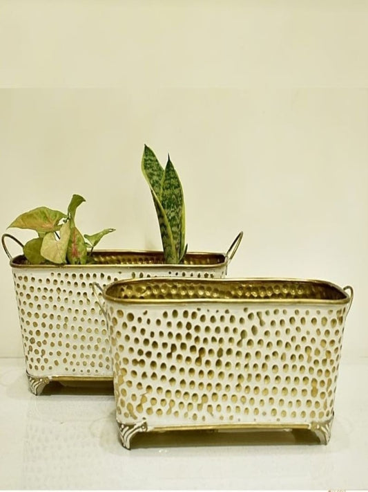 White Rustic Metal Rectangular Bucket Patio Planter with Handles (Set of Two)