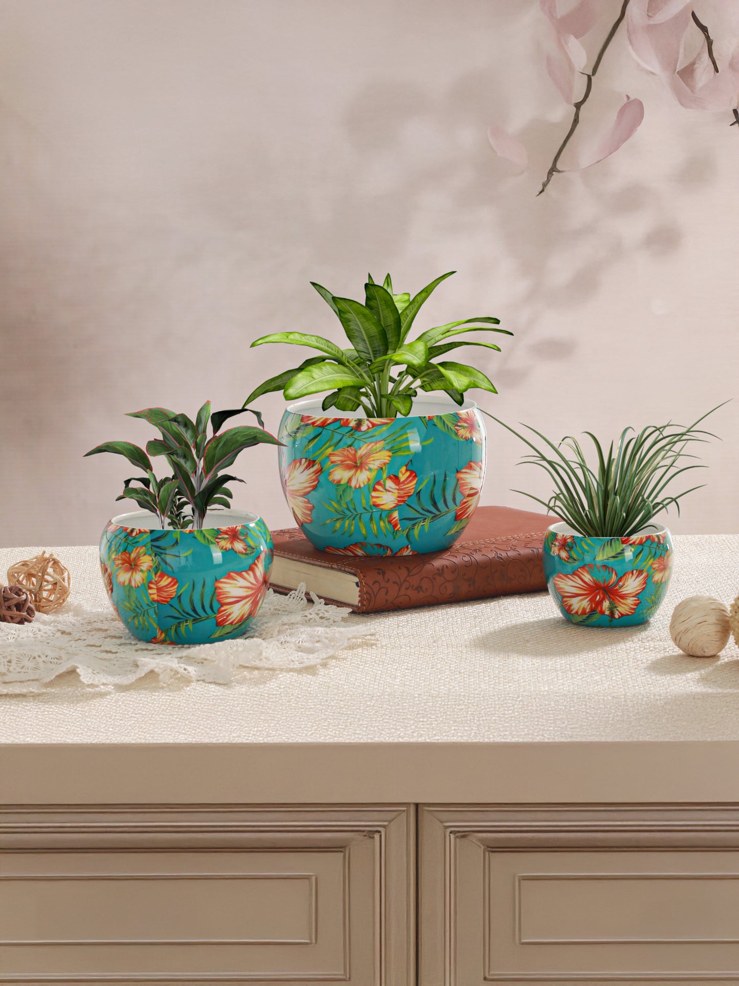 Hibiscus Handcrafted Planter - Set Of Three